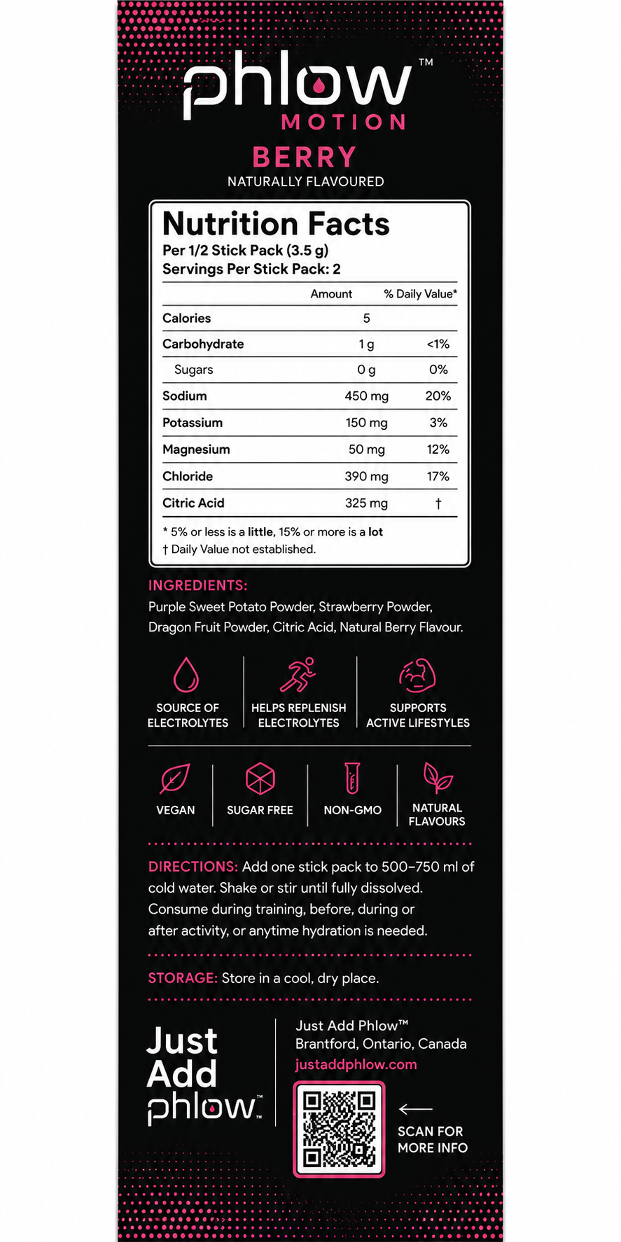 Phlow Motion Berry nutrition facts label — reference for all Phlow Fusion flavors